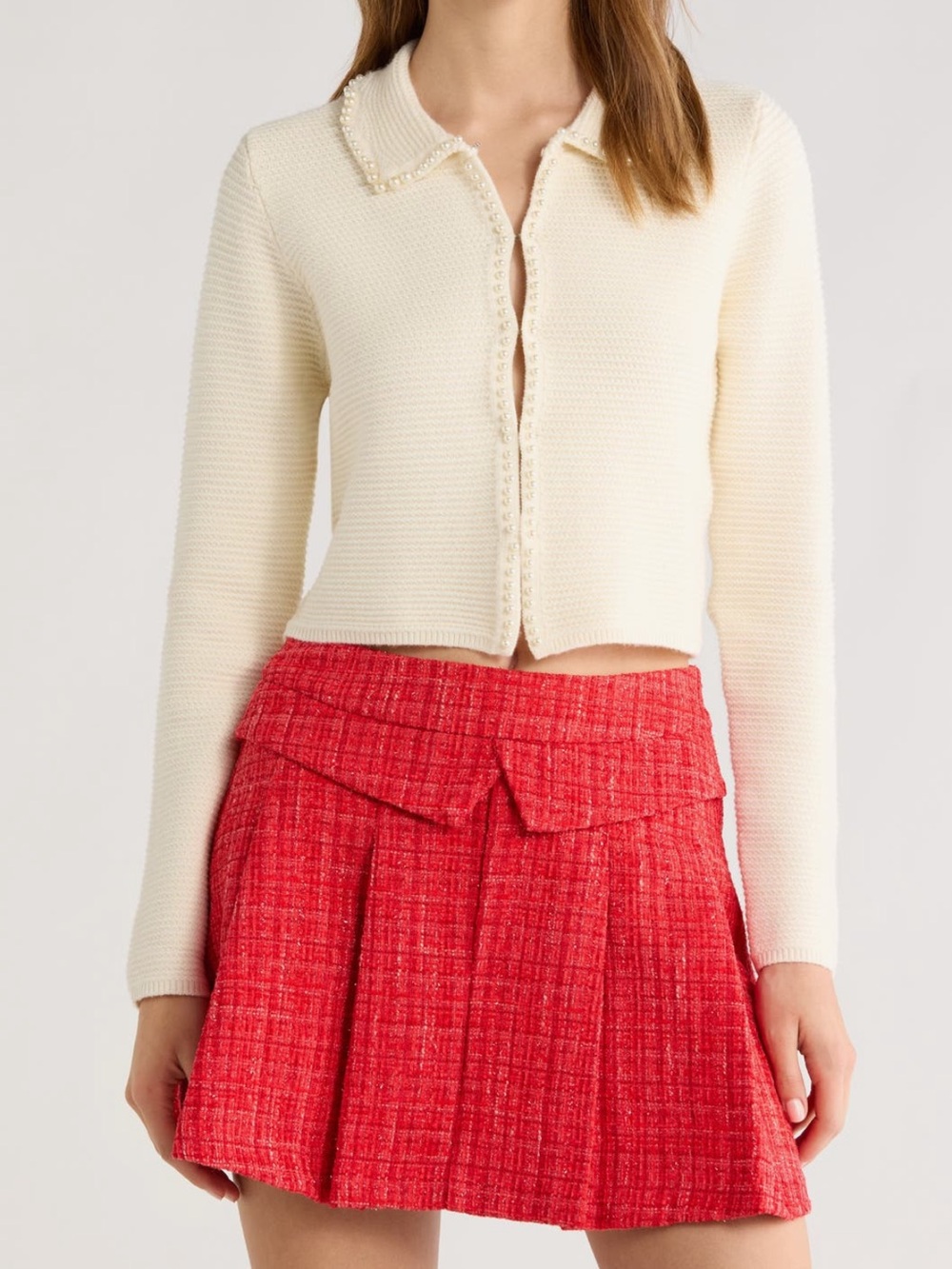 All in Favor Faux Collered Cream Pearl-Trim Knit Cardigan NWT Sz L